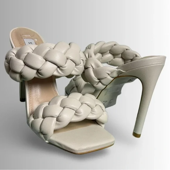 Steve Madden Beige Braided Padded Kenley Square Toe Stiletto Slip On Sandals, 7 - Picture 9 of 10